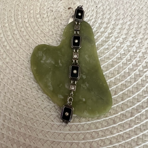 Antique Art Deco Black Onyx Clear Diamond Paste Sterling Silver Link Bracelet - Picture 3 of 8